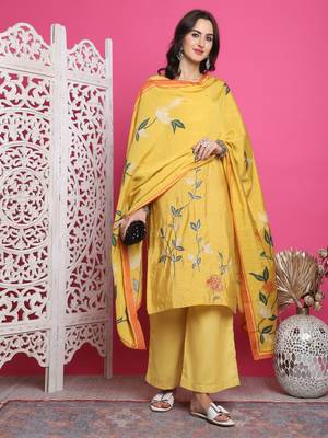 yellow muslin digital printed dress material 5