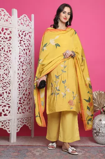 yellow muslin digital printed dress material