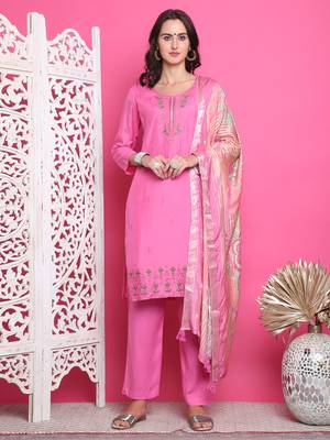 pink muslin embroidered dress material 1