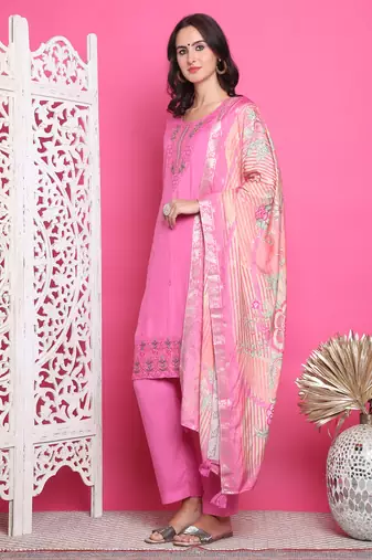 pink muslin embroidered dress material