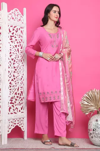pink muslin embroidered dress material