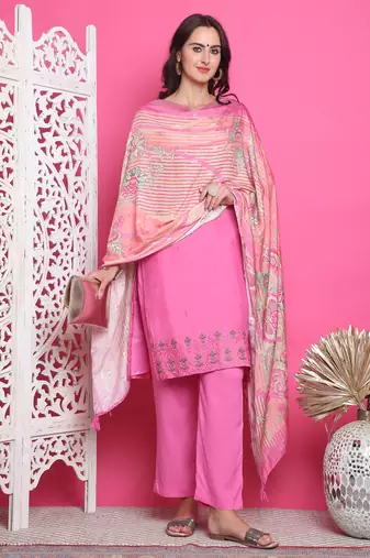 pink muslin embroidered dress material