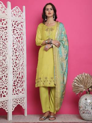 lemon yellow muslin embroidered dress material 1