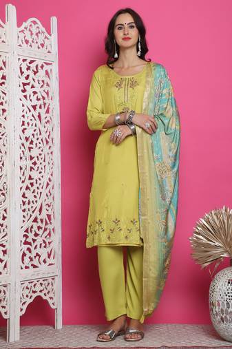 lemon yellow muslin embroidered dress material