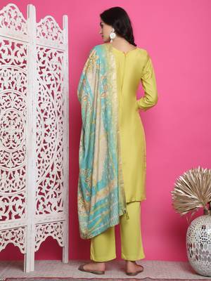 lemon yellow muslin embroidered dress material 2
