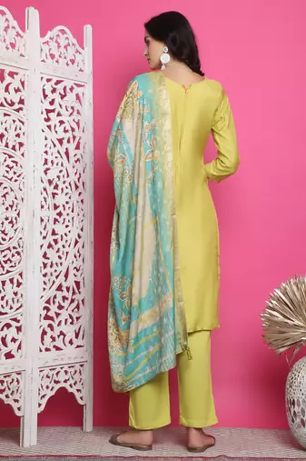 lemon yellow muslin embroidered dress material