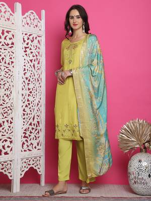 lemon yellow muslin embroidered dress material 3