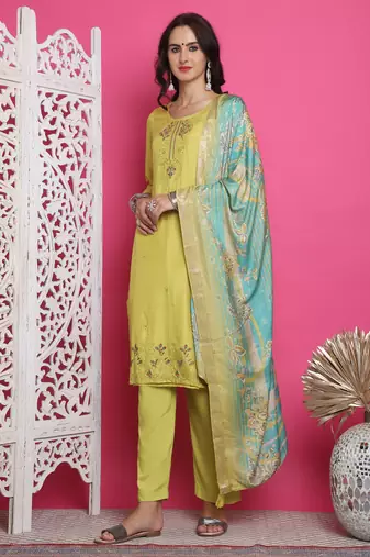 lemon yellow muslin embroidered dress material