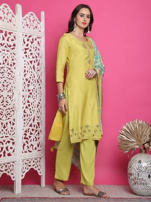 lemon yellow muslin embroidered dress material 4