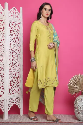 lemon yellow muslin embroidered dress material