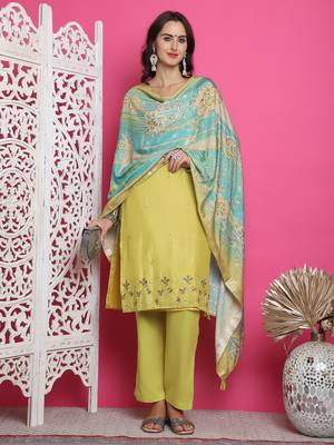 lemon yellow muslin embroidered dress material 5