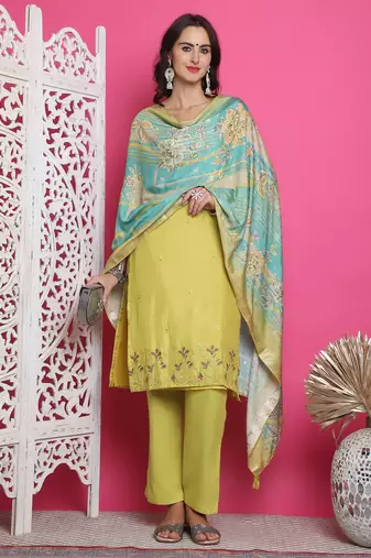 lemon yellow muslin embroidered dress material