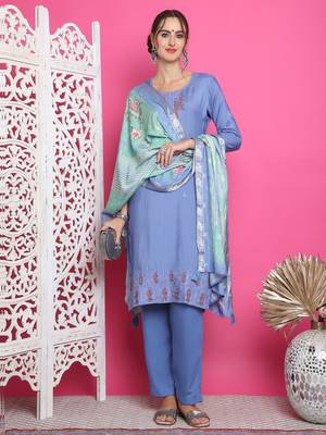blue muslin embroidered dress material 1