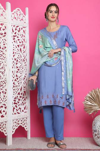 blue muslin embroidered dress material