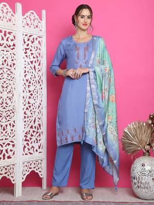 blue muslin embroidered dress material 2