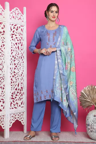 blue muslin embroidered dress material