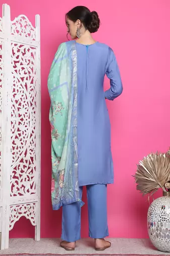 blue muslin embroidered dress material