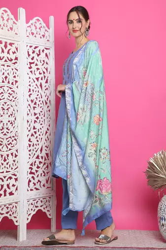 blue muslin embroidered dress material