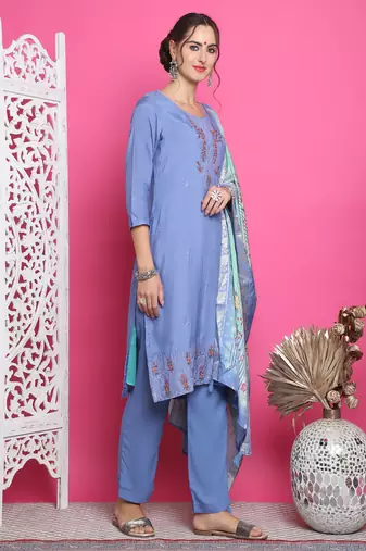 blue muslin embroidered dress material