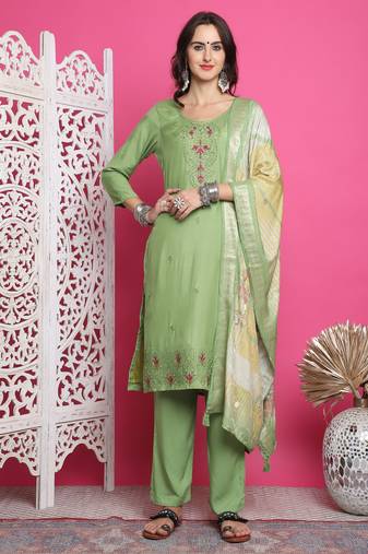 green muslin embroidered dress material