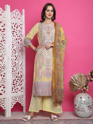 yellow satin digital printed dress material 1