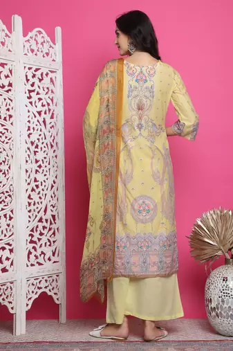 yellow satin digital printed dress material