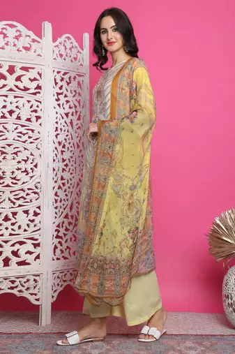 yellow satin digital printed dress material