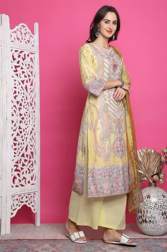 yellow satin digital printed dress material