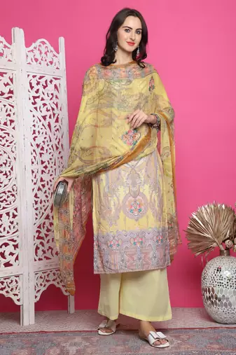 yellow satin digital printed dress material