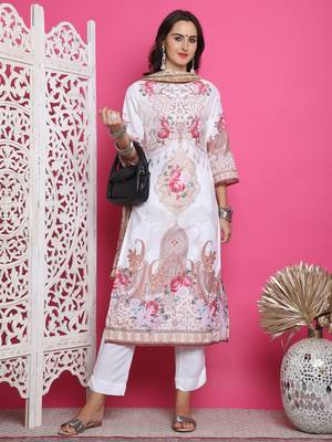 cream satin digital printed dress material 5