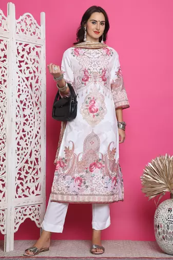 cream satin digital printed dress material