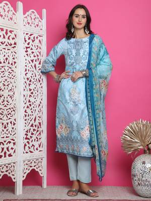 turquoise satin digital printed dress material 1