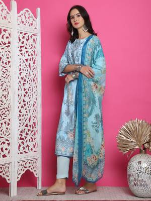 turquoise satin digital printed dress material 3