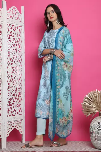 turquoise satin digital printed dress material