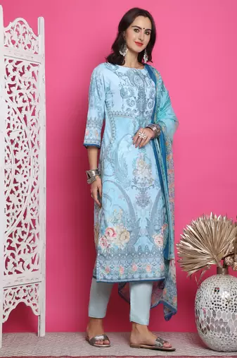 turquoise satin digital printed dress material