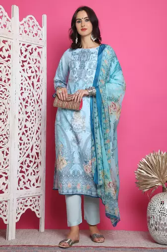 turquoise satin digital printed dress material