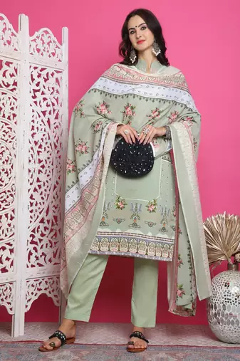 green cotton digital printed dress material