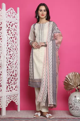 Stylee lifestyle cream cotton digital printed dress material