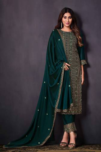 Teal Blue Embroidered Georegette  Straight Palazzo Pant Suit. Free size full stitched Up To 42" Size