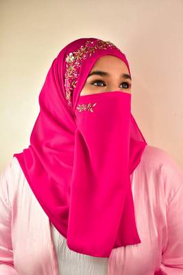 wrap my hijab rani pink embroidered georgette chiffon 1