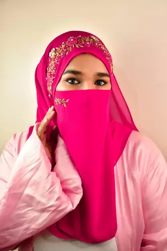 wrap my hijab rani pink embroidered georgette chiffon