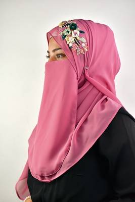 pink  threadwork partywear| wedding| bridal handwork hijab with naqab 1