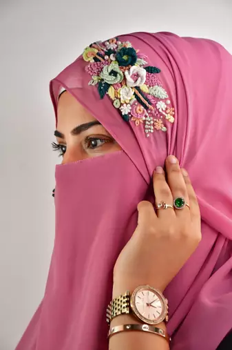 pink  threadwork partywear| wedding| bridal handwork hijab with naqab