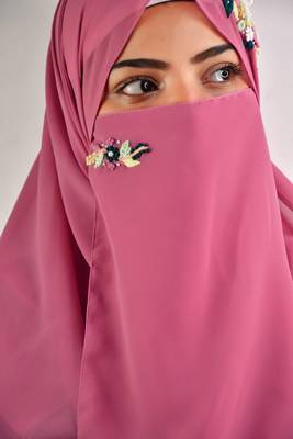 pink  threadwork partywear| wedding| bridal handwork hijab with naqab 3