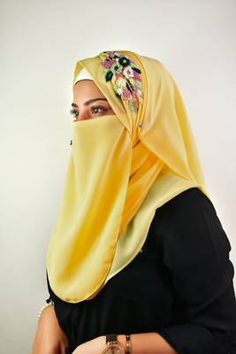 yellow threadwork partywear| wedding| bridal handwork hijab with naqab 1