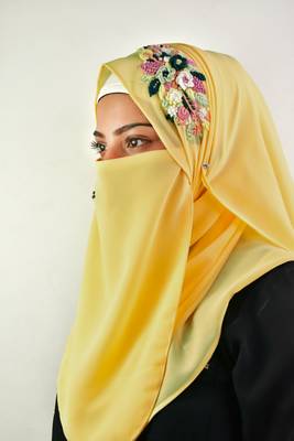 yellow threadwork partywear| wedding| bridal handwork hijab with naqab 2