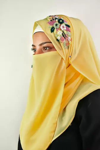 yellow threadwork partywear| wedding| bridal handwork hijab with naqab