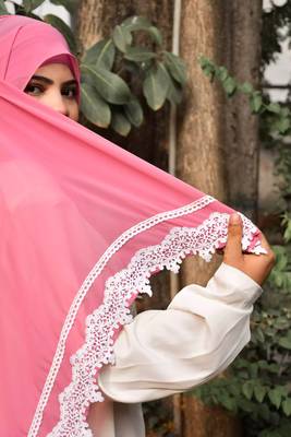 Pink Georgette Chiffon Lace Hijab 1