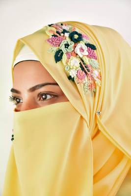 yellow threadwork partywear| wedding| bridal handwork hijab with naqab 3