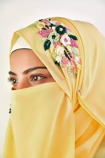 yellow threadwork partywear| wedding| bridal handwork hijab with naqab
